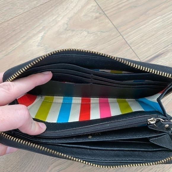Kate Spade Black Large Continental Zip Around Colorful Striped Interior Wallet - Picture 12 of 16